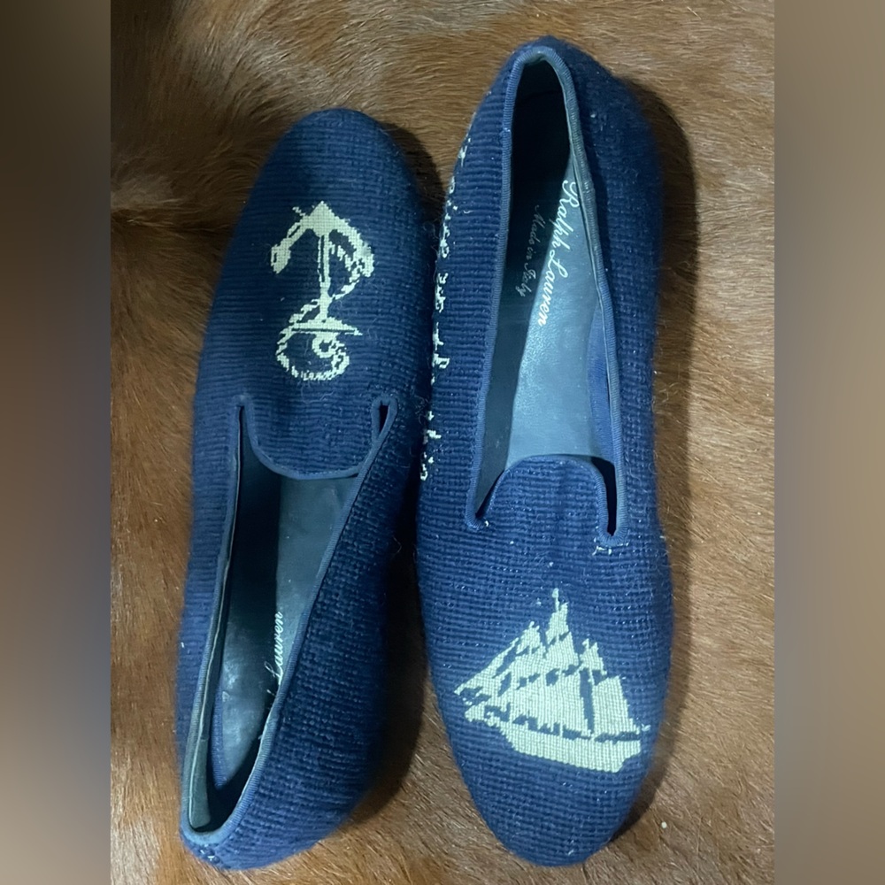 Ralph Lauren Purple Label Navy Needlepoint Colis Slipper white Nautical Motif